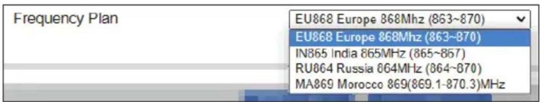 Frequency Plan EU868 Europe 868Mhz (863~870) EU868 Europe 868Mhz (863~870) IN865 India 865MHz (865~867) RU864 Russia 864MHz (864~870) MA869 Morocco 869(869.1-870.3)MHz