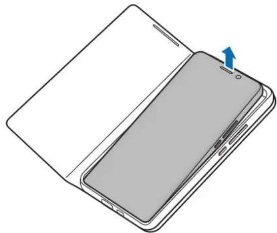 Diagram of a smartphone showing the open and closed sides with a blue arrow indicating the fold (no text or symbols present).