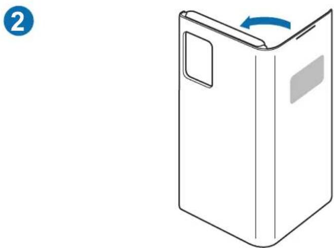 Line drawing of a rectangular box with a blue arrow indicating rotation (no text or symbols)