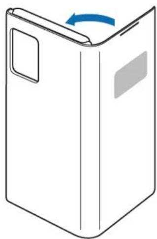 Simple line drawing of a folded paper or box with a blue arrow indicating rotation (no text or symbols).