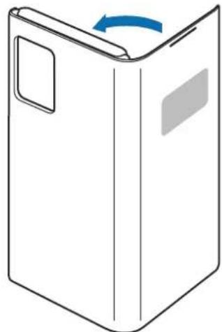 Simple line drawing of a folded paper or box with a blue arrow indicating rotation (no text or symbols).