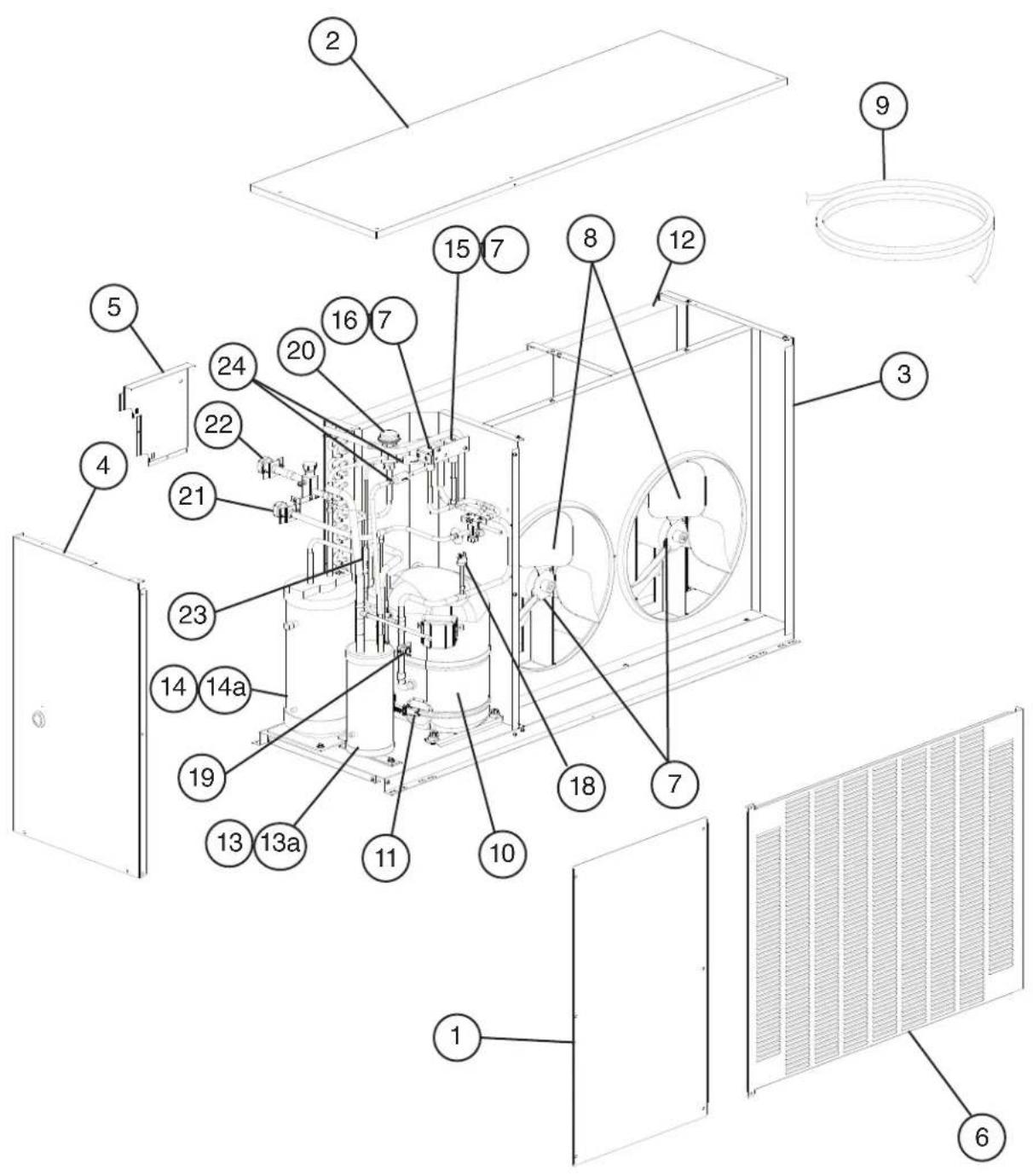 Exploded view diagram of an industrial machine with numbered components for identification and assembly reference.