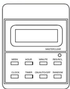 MASTERCLEAR WEEK HOUR MINUTE RES/RCL CLOCK TIMER ON/AUTO/OFF RANDOM