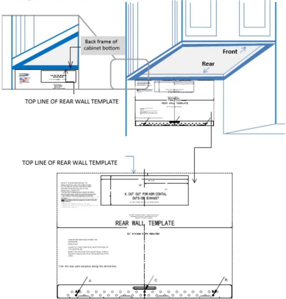 Back frame of cabinet bottom Front Rear TOP LINE OF REAR WALL TEMPLATE TOP LINE OF REAR WALL TEMPLATE K. CUT OUT FOR HORIZONTAL OUTSIDE EXHAUST REAR WALL TEMPLATE 25" RIV/REAR 8" WITH REAR/REAR Tran the rear wall template along the descent line. A C B