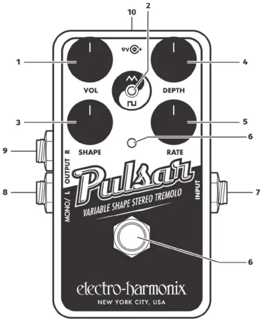 10 2 9V + VOL DEPTH 3 5 6 SHAPE RATE Pulsat VARIABLE SHAPE STEREO TREMOLO INPUT mono/ L OUTPUT R electro-harmonix NEW YORK CITY, USA