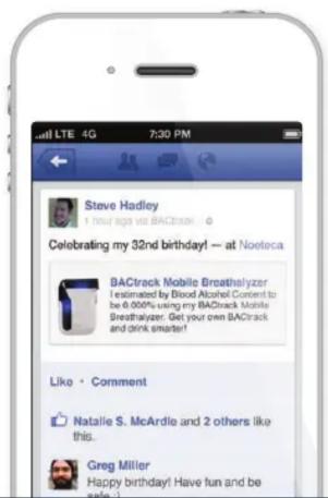 LTE 4G 7:30 PM Steve Hadley I now ago vs BACtrack Celebrating my 32nd birthday! — at Noeteca BACtrack Mobile Breathalyzer I estimated by Blood Alcohol Content to be 0.000% using my BACtrack Mobile Breathalyzer. Get your own BACtrack and drink smarter! Like • Comment Natalie S. McArdle and 2 others like this. Greg Miller Happy birthday! Have fun and be safe.