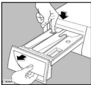 Illustration of hands using a mechanical device to adjust or install a tray (no text or symbols visible)