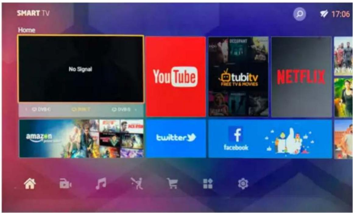 SMART TV Home No Signal YouTube DCCUPANT tubitv FREE TV & MOVIES NETFLIX amazon twitter facebook 17:06