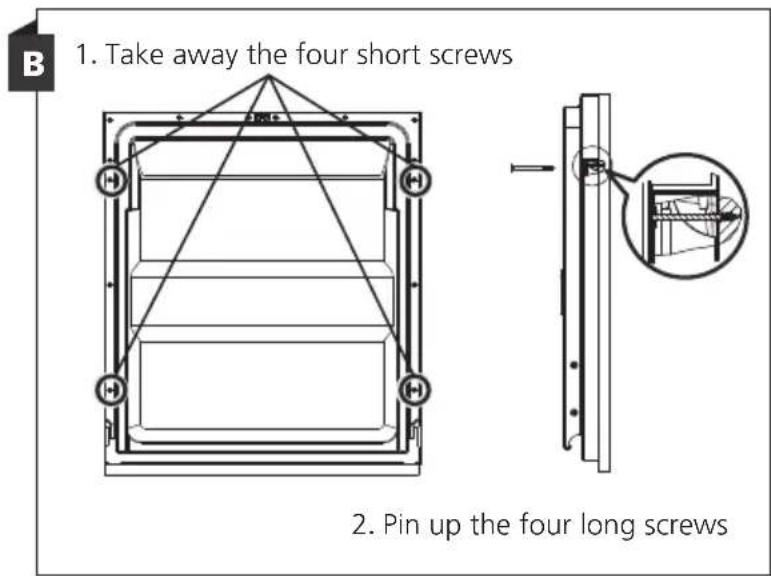 B 1. Take away the four short screws 2. Pin up the four long screws