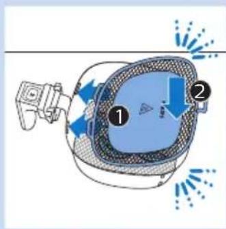 Diagram of a car hood with labeled parts and airflow indicators, showing internal components and directional arrows.
