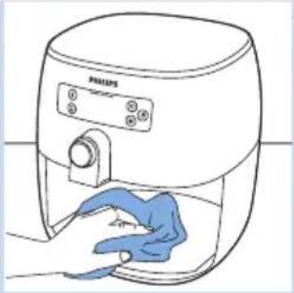 Line drawing of a Philips air fryer with a blue cloth cleaning the interior (no text or symbols)