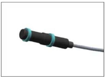 Close-up of a black and teal-colored electronic component with a gray cable (no text or symbols visible)