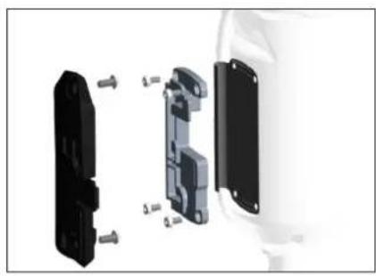 Exploded view diagram of a mechanical component showing internal parts and mounting holes (no text or symbols)