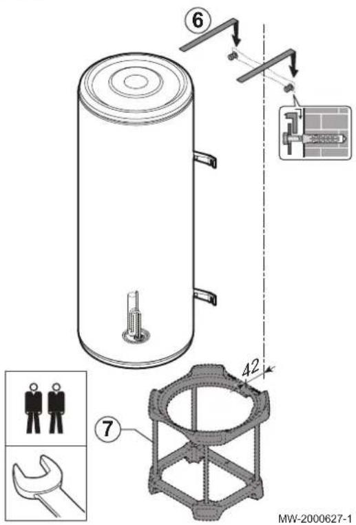 Technical diagram of a cylindrical device with labeled parts and exploded views, including a 42-inch frame structure and a wrench.