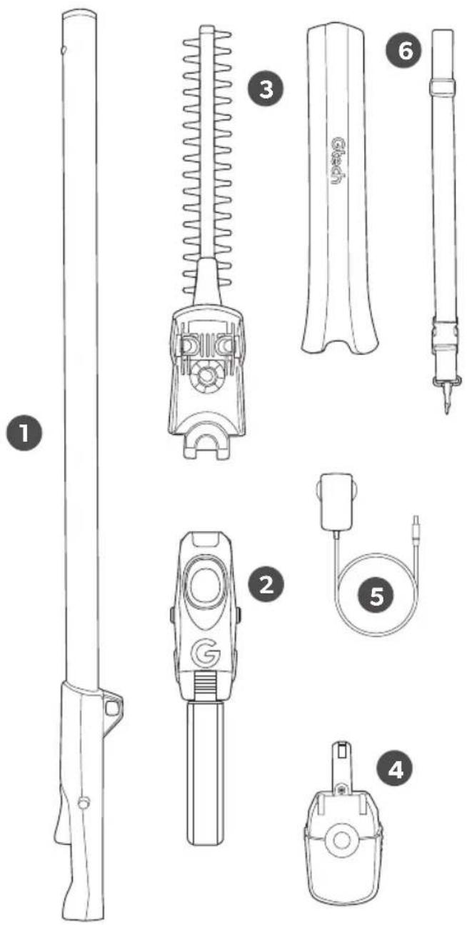 Technical line drawings of six different types of hair tools, labeled 1 to 6, including a pen-like tool and a brush.