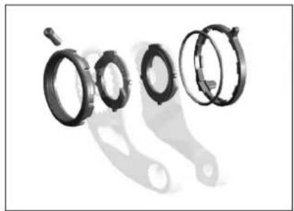 Mechanical assembly components including rings and levers (no text or symbols visible)