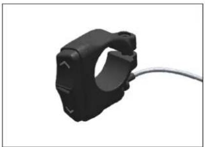 Black mechanical clamp with a gray cable attached, isolated on white background (no text or symbols)