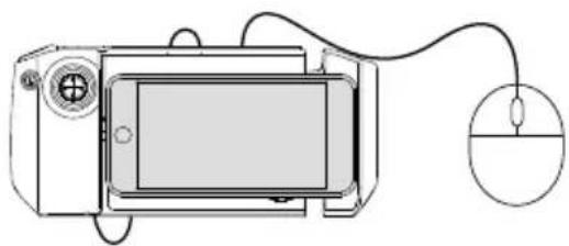 Line drawing of a camera with an external mouse connected to screen (no text or symbols)