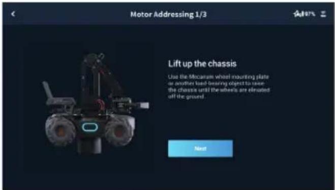 Motor Addressing 1/3 Lift up the chassis Use the Micarass wheel mounting plate or another load-bearing object to raise the chassis until the wheels are elevated off the ground. Next