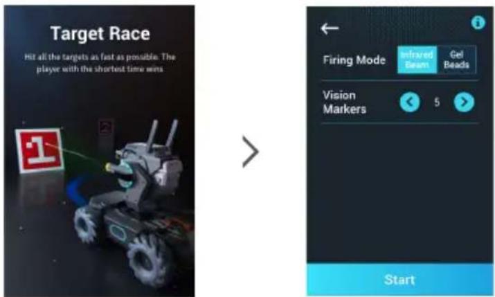 Target Race: Hit all the targets as fast as possible. The player with the shortest time wins. Firing Mode: Infrared Beam, Gel Beads. Vision Markers: 5. Start.