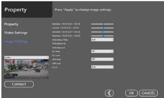 Property Press "Apply" to change image settings Property Image Settings Video Settings Image Settings Connect Brightness - 10.00 (0.00 - 100.00) Contrast - 75.00 (0.00 - 100.00) Resolution - 100.00 (0.00 - 100.00) Opacity - 94.00 (0.00 - 100.00) White Balance Mode: Auto White Balance O: White Balanc…