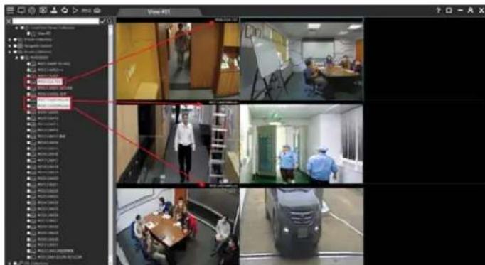 Screenshot of a video editing interface showing multiple surveillance feeds with red annotations highlighting key points of interest.