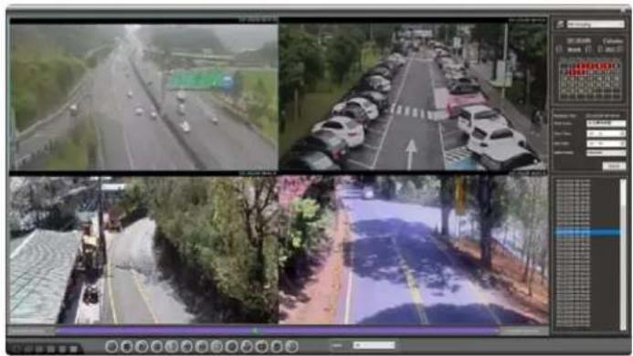 Screenshot of a surveillance camera interface displaying four aerial road surveillance feeds with vehicle images and control panels.