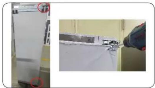 Two-panel photo showing a white appliance with red circular annotations and a hand holding a tool near its side (no visible text or symbols)