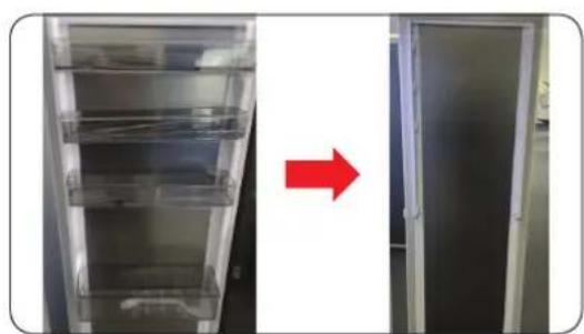 Two empty refrigerators with transparent lids, one white and one black, separated by a red arrow (no text or symbols)
