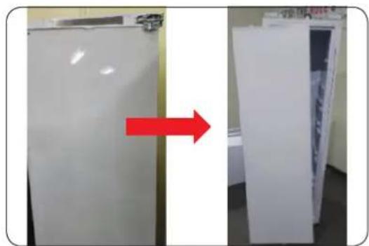 Two white refrigerators with a red arrow pointing from left to right, one open and one closed (no text or symbols visible)