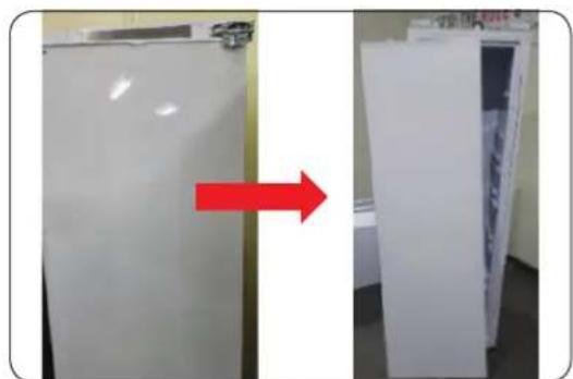 Two white refrigerators with a red arrow pointing from the side, one upright and one tilted (no text or symbols visible)