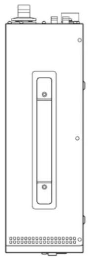 Technical line drawing of a rectangular electronic device with mounting holes and a central vertical slot (no text or symbols)