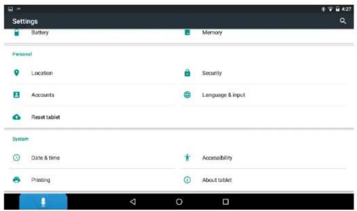 Settings Battery Memory Personal Location Security Accounts Language & input Reset tablet System Date & time Accessibility Printing About tablet