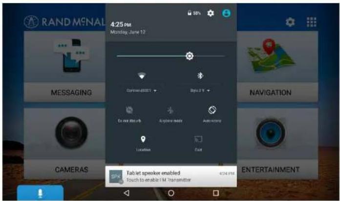 RAND MENAL 4:25 PM Monday June 12 Messaging CAMERAS 4/24 PM Touch to enable FM Transmater NavIGATION EntERTAINMENT Tablet speaker enabled 4/24 PM
