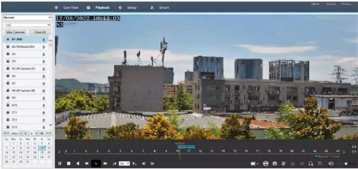 Live View Playback Setup Smart Normal HD Max Camera Close All D1 (N3) D2 (N2face2.903) D3 D4 D5 (IP Camera 03) D6 D7 D8 (IP Camera 08) D9 D10 D11 D12 D13 12/08/2022 10:13:03 N3 Su Mon Tu Nov Th Fr Sa 1 2 3 4 5 6 7 8 9 10 11 12 13 14 15 16 17 18 19 20 21 22 23 24 25 26 27 28 29 30 31 16:03:41 Normal Export
