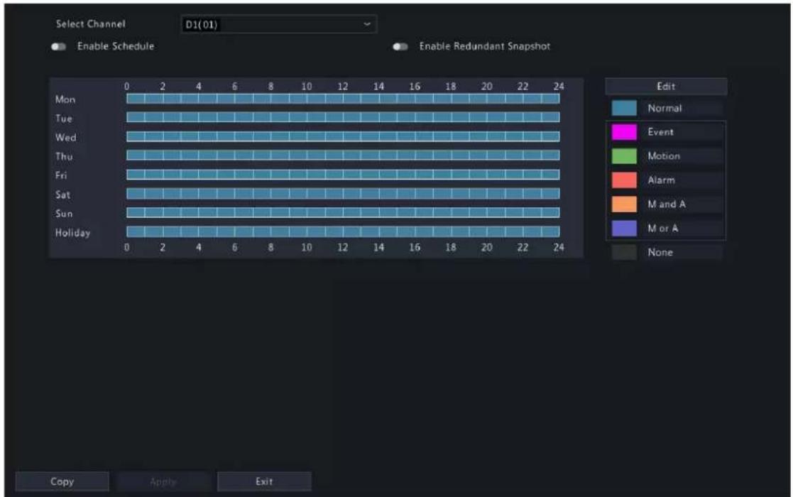 Select Channel D1(01) Enable Schedule Enable Redundant Snapshot Mon 0 2 4 6 8 10 12 14 16 18 20 22 24 Tue Wed Thu Fri Sat Sun Holiday Edit Normal Event Motion Alarm M and A M or A None Copy Apply Exit