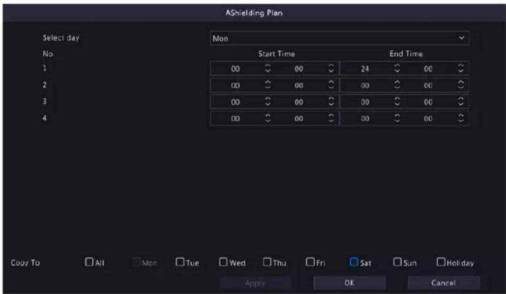 ASHielding Plan Select day No. Mon Start Time End Time 1 00 00 24 00 2 00 00 00 00 3 00 00 00 00 4 00 00 00 00 Copy To All Mon Tue Wed Thu Fri Sat Sun Holiday Apply OK Cancel