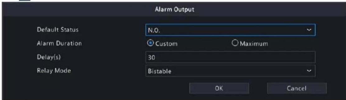 Alarm Output Default Status N.O. Alarm Duration Custom Maximum Delay(s) 30 Relay Mode Bistable OK Cancel