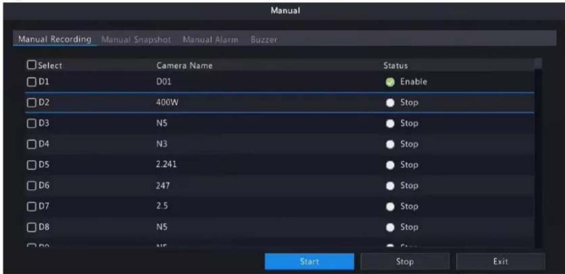 Manual Manual Recording Manual Snapshot Manual Alarm Buzzer Select Camera Name Status D1 D01 Enable D2 400W Stop D3 N5 Stop D4 N3 Stop D5 2.241 Stop D6 247 Stop D7 2.5 Stop D8 N5 Stop D9 N5 Stop Start Stop Exit