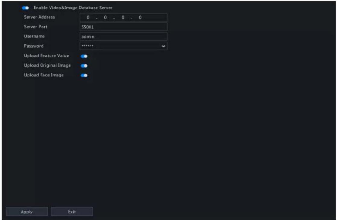 Enable Video&Image Database Server Server Address 0 . 0 . 0 . 0 Server Port 55001 Username admin Password ****** Upload Feature Value Upload Original Image Upload Face Image Apply Exit