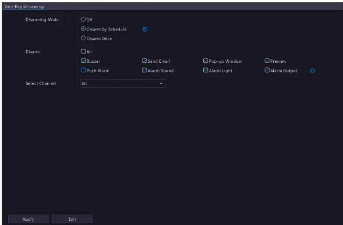 One Key Disarming Disarming Mode Off Disarm by Schedule Disarm Once Disarm All Buzzer Send Email Pop-up Window Preview Push Alarm Alarm Sound Alarm Light Alarm Output Select Channel All Apply Exit