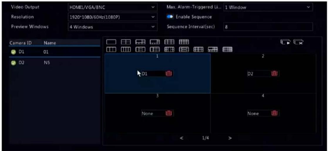 Video Output HDMI1/VGA/BNC Max. Alarm-Triggered Li... 1 Window Resolution 1920*1080/60Hz(1080P) Enable Sequence Preview Windows 4 Windows Sequence Interval(sec) 8 Camera ID Name D1 01 D2 N5 1 2 D1 D2 3 4 None None < 1/4 >