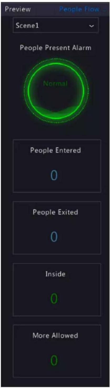 Preview People Flow Scene1 People Present Alarm Normal People Entered 0 People Exited 0 Inside 0 More Allowed 0
