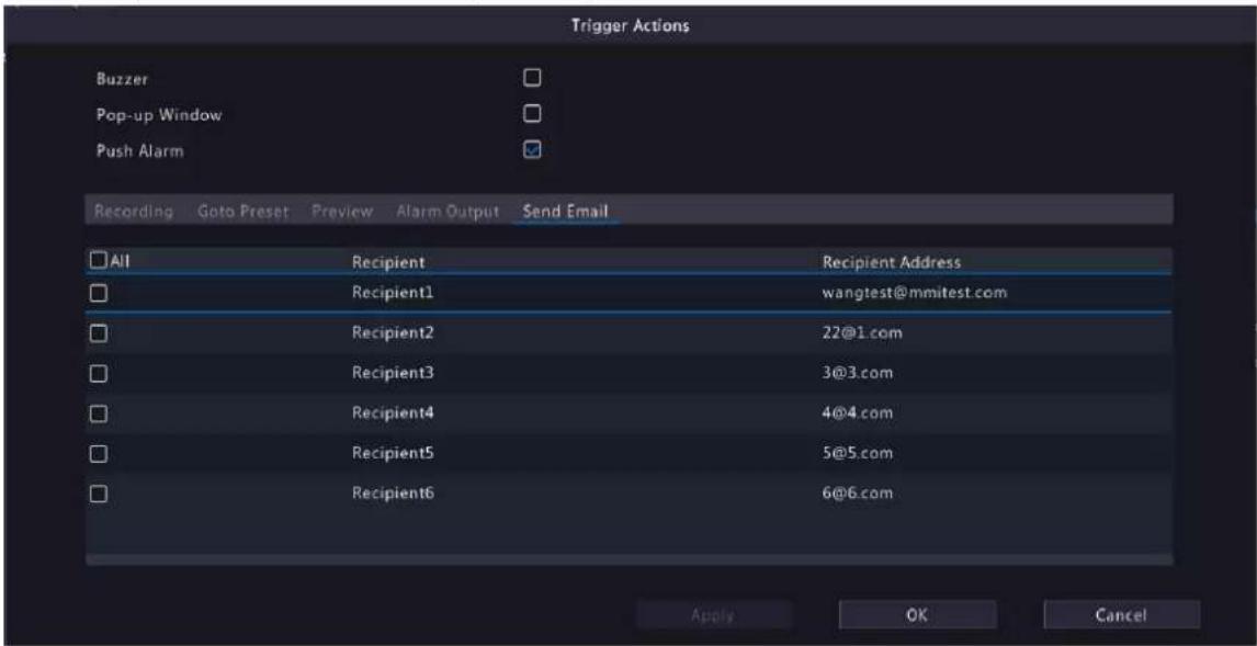 Trigger Actions Buzzer Pop-up Window Push Alarm Recording Goto Preset Preview Alarm Output Send Email All Recipient Recipient Address Recipient1 wangtest@mmitest.com Recipient2 22@1.com Recipient3 3@3.com Recipient4 4@4.com Recipient5 5@5.com Recipient6 6@6.com Apply OK Cancel
