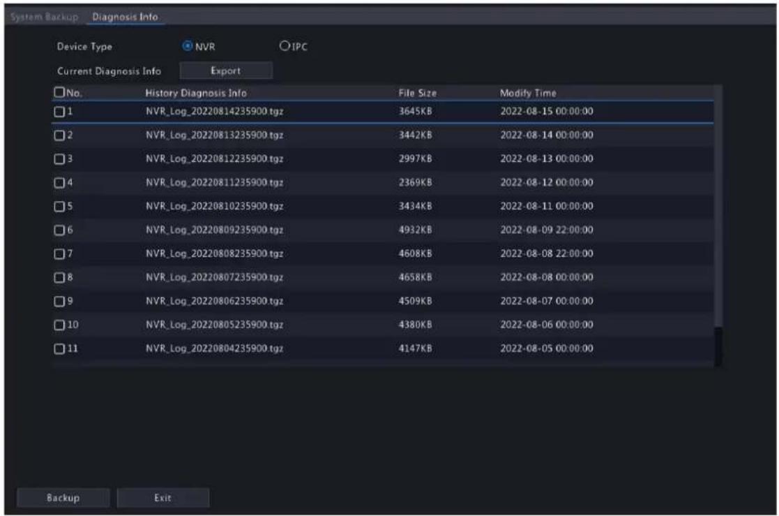 System Backup Diagnosis Info Device Type NVR IPC Current Diagnosis Info Export No. History Diagnosis Info File Size Modify Time 1 NVR_Log_20220814235900.tgz 3645KB 2022-08-15 00:00:00 2 NVR_Log_20220813235900.tgz 3442KB 2022-08-14 00:00:00 3 NVR_Log_20220812235900.tgz 2997KB 2022-08-13 00:00:00 4 NVR_Log_20220811235900.tgz 2369KB 2022-08-12 00:00:00 5 NVR_Log_20220810235900.tgz 3434KB 2022-08-11 00:00:00 6 NVR_Log_20220809235900.tgz 4932KB 2022-08-09 22:00:00 7 NVR_Log_20220808235900.tgz 4608KB 2022-08-08 22:00:00 8 NVR_Log_20220807235900.tgz 4658KB 2022-08-08 00:00:00 9 NVR_Log_20220806235900.tgz 4509KB 2022-08-07 00:00:00 10 NVR_Log_20220805235900.tgz 4380KB 2022-08-06 00:00:00 11 NVR_Log_20220804235900.tgz 4147KB 2022-08-05 00:00:00 Backup Exit