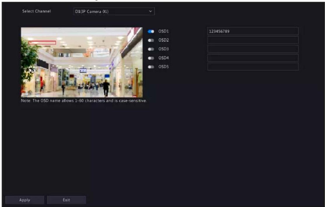 Select Channel D1(IP Camera 01) OSD1 123456789 OSD2 OSD3 OSD4 OSD5 Note: The OSD name allows 1-60 characters and is case-sensitive. Apply Exit