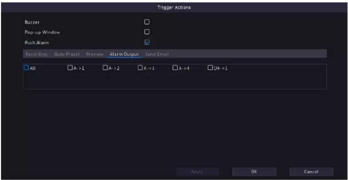 Trigger Actions Buzzer Pop-up Window Push Alarm Recording Goto Preset Preview Alarm Output Send Email All A->1 A->2 A->3 A->4 D4->1 Apply OK Cancel