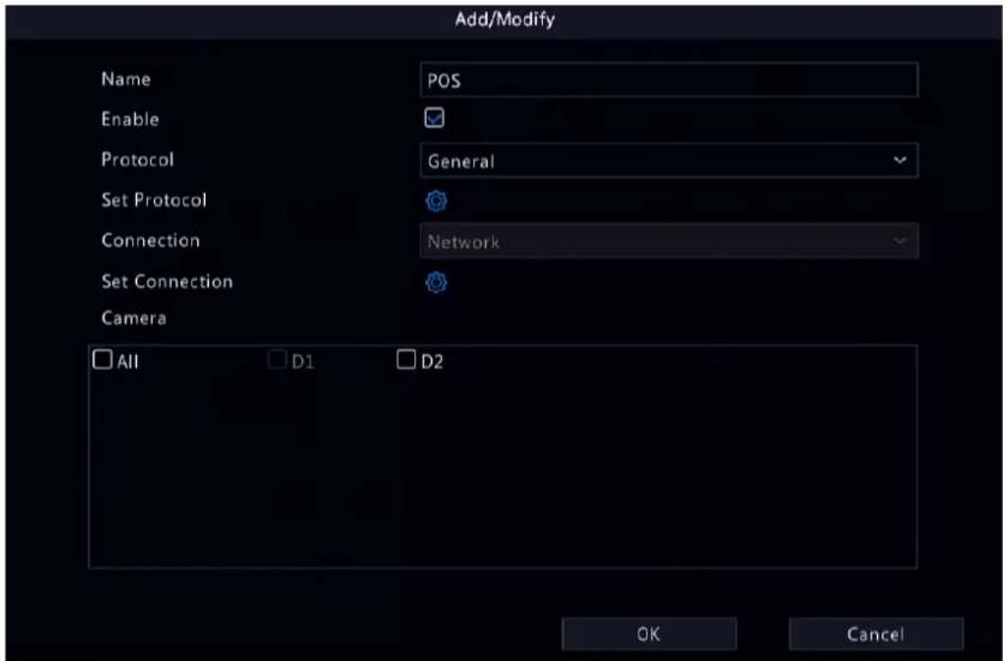 Add/Modify Name POS Enable Protocol General Set Protocol Connection Network Set Connection Camera All D1 D2 OK Cancel