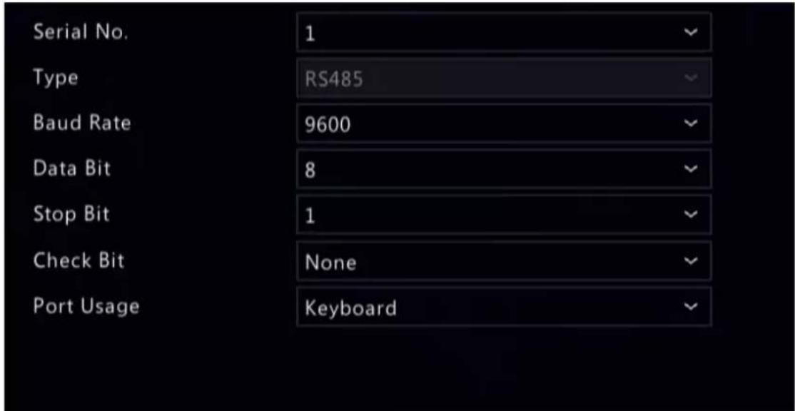 Serial No. 1 Type RS485 Baud Rate 9600 Data Bit 8 Stop Bit 1 Check Bit None Port Usage Keyboard