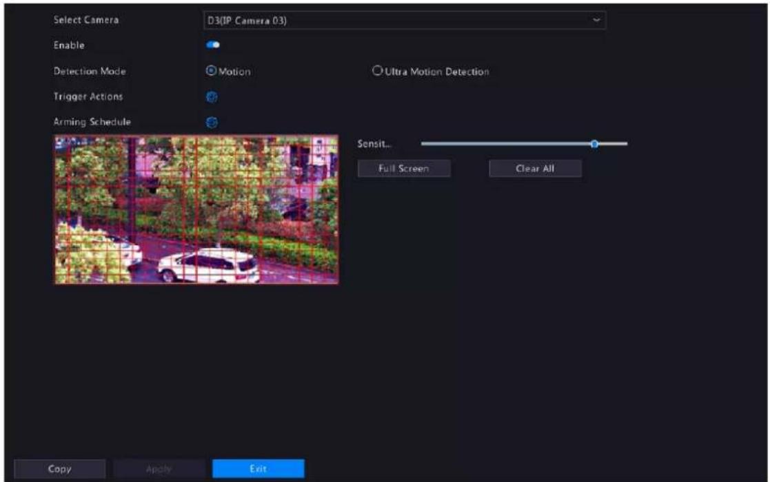 Select Camera Enable Detection Mode Trigger Actions Arming Schedule D3(IP Camera 03) Motion Ultra Motion Detection Sensit... Full Screen Clear All Copy Apply Exit